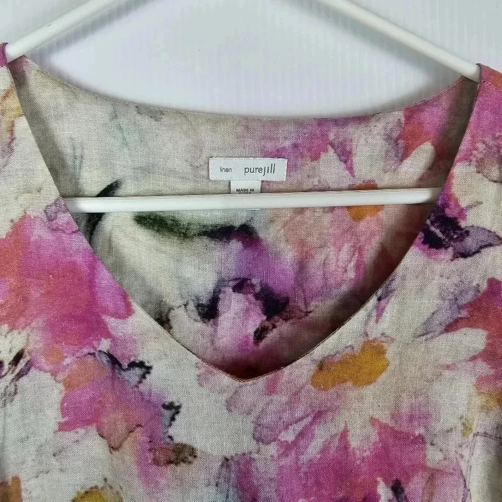 Pure Jill 100% linen sleeveless watercolor floral midi dress - Picture 3 of 9